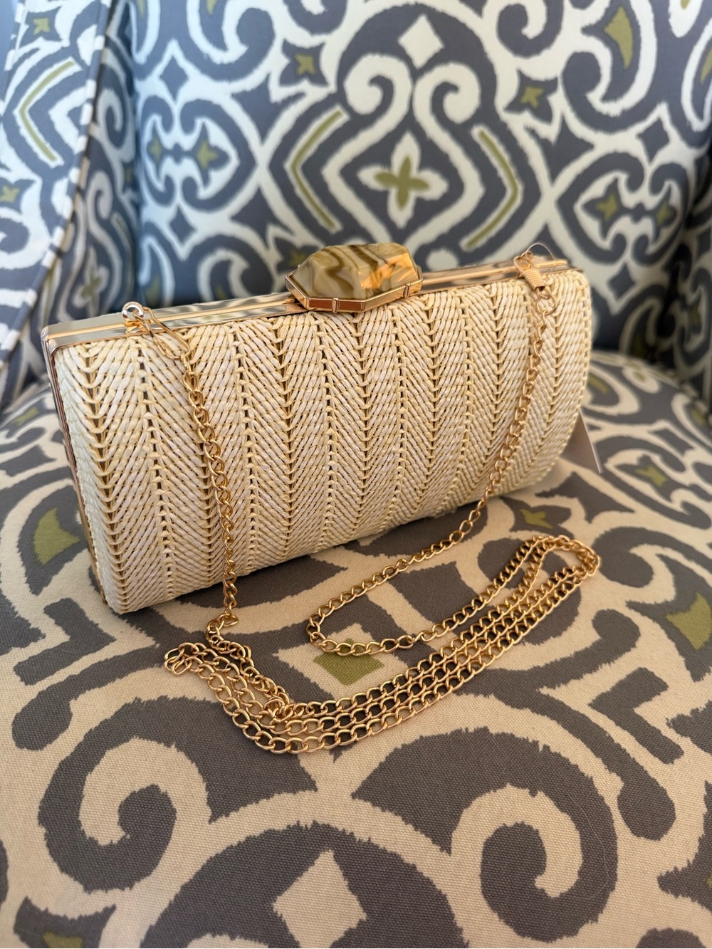 Elegant Cream Woven Clutch with Gold Chain and Accents, NWT